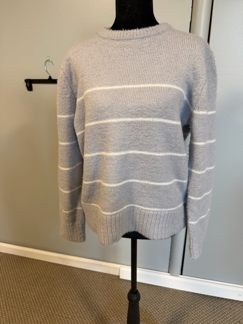 A New Day Gray Striped Fuzzy Knit Sweater Size S NWT